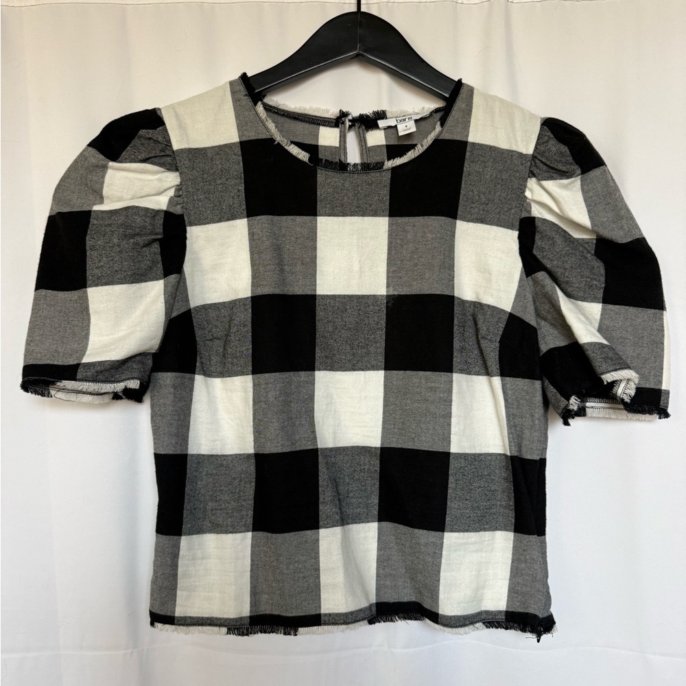Bar III Black and White Check Puff Sleeve Blouse